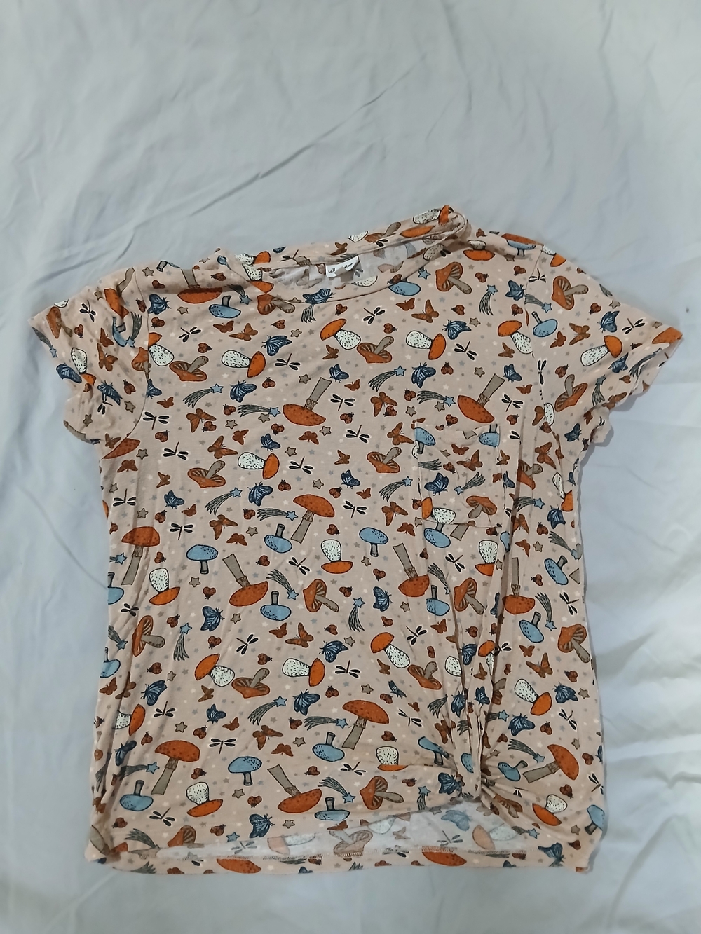 Women's Self Esteem XL Mushroom Print Short Sleeve Tee - Beige/Orange/Blue